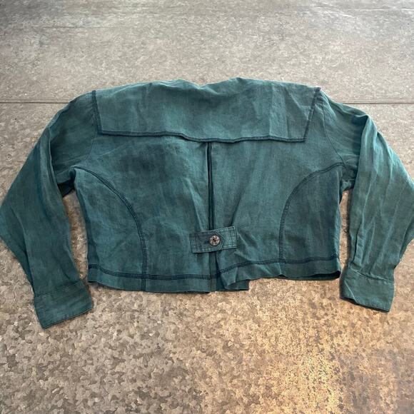 Vintage Linen Lagenlook Cropped Jacket Womens Medium Metropole Green Lightweight - Picture 7 of 11